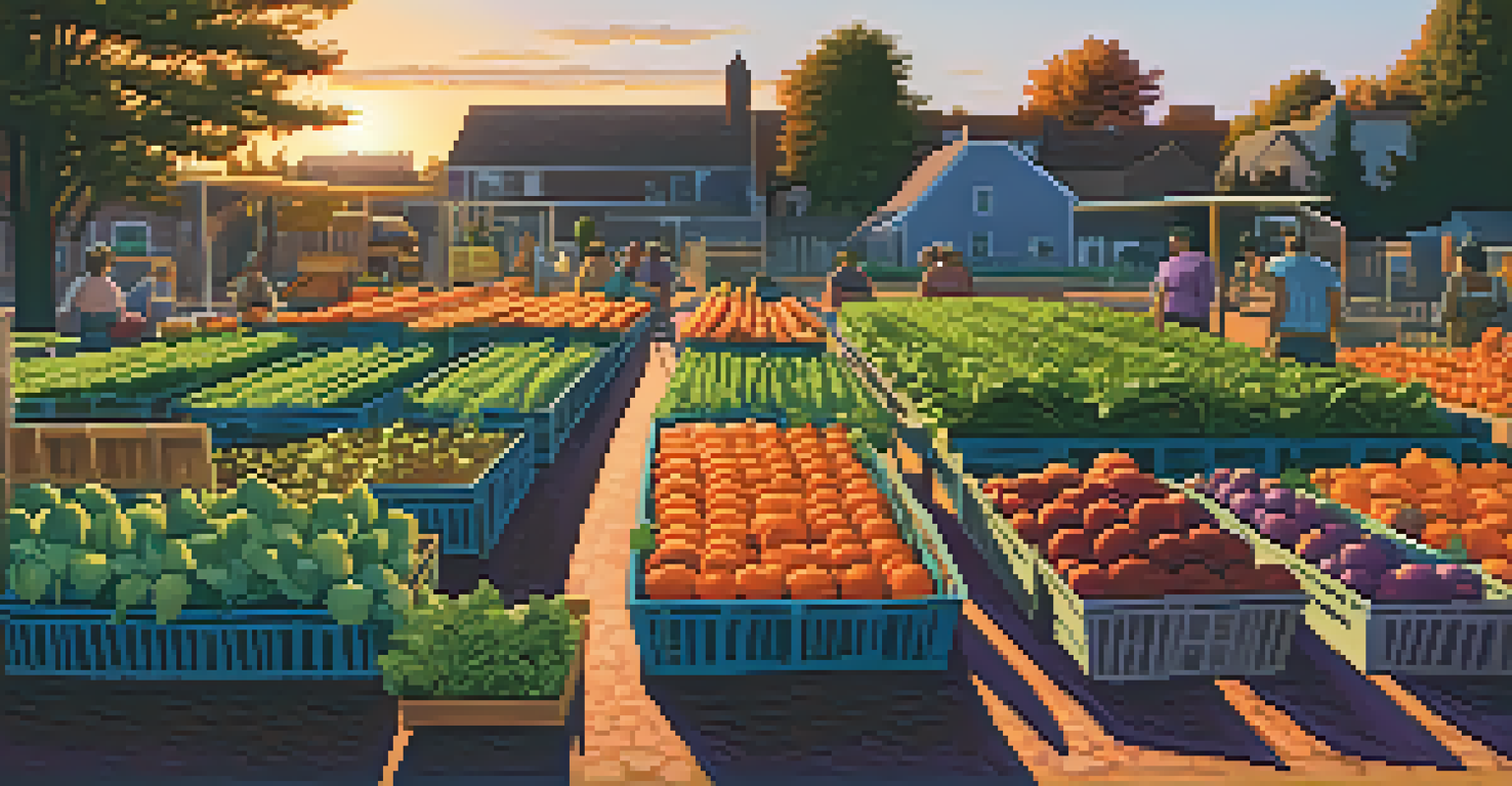 A tranquil sunset in a community garden with volunteers packing fresh produce amidst vibrant colors of the sky.