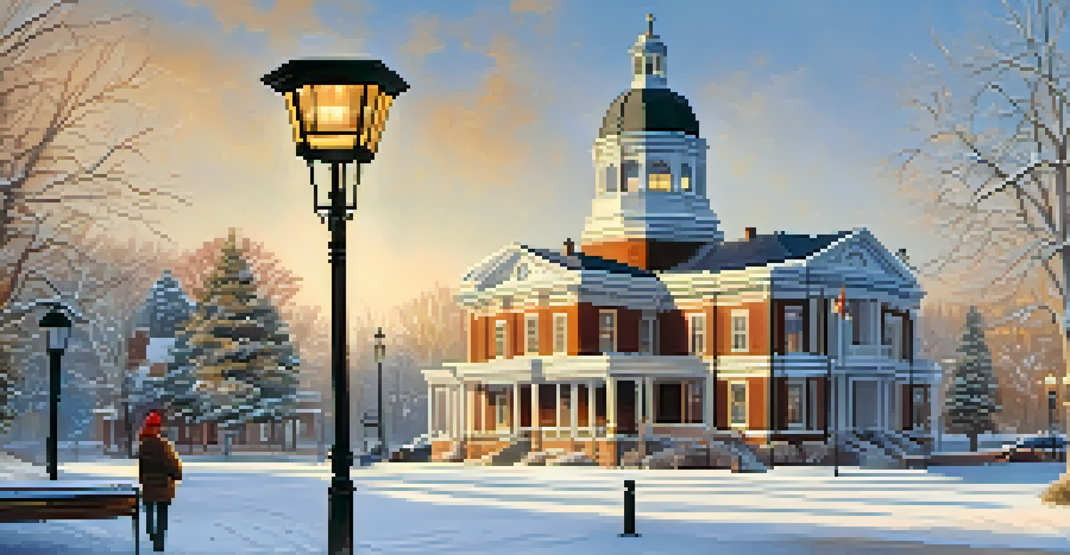 A peaceful winter scene at Old Courthouse Square with snow covering the ground and the historic courthouse decorated for the holidays.