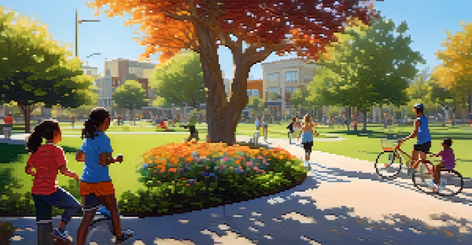 A lively park scene with diverse residents enjoying outdoor activities, surrounded by greenery and sunlight.