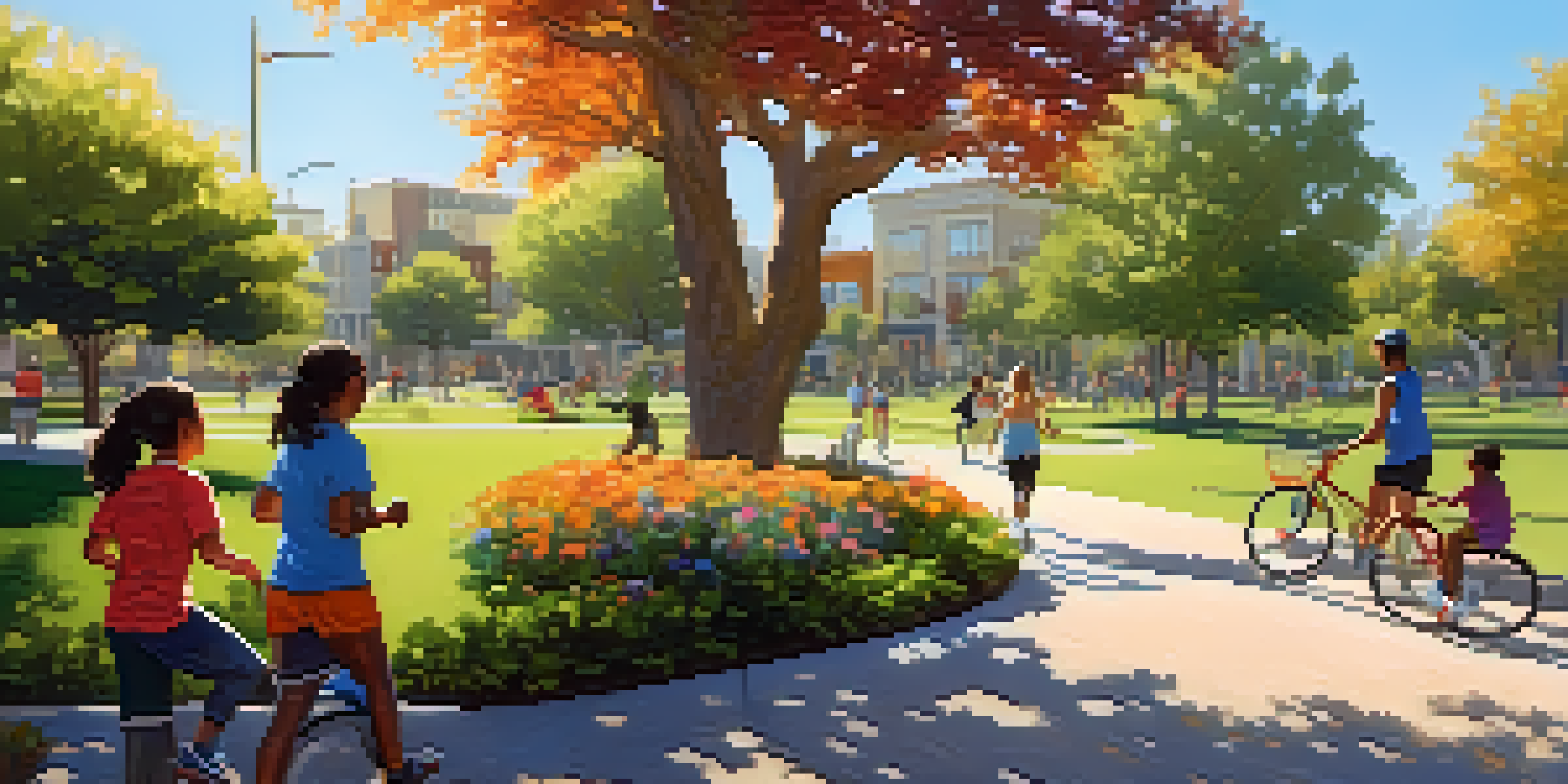A lively park scene with diverse residents enjoying outdoor activities, surrounded by greenery and sunlight.