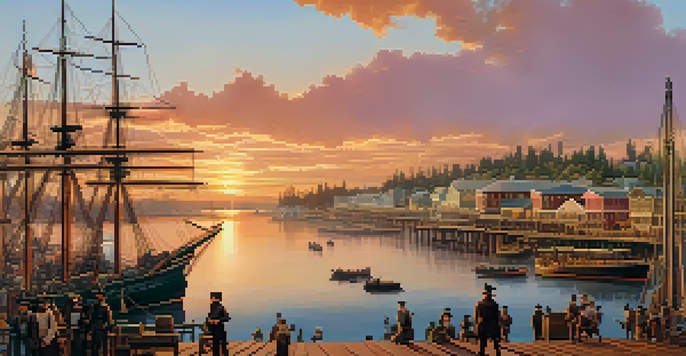 A historical scene depicting Redwood City during the Gold Rush, featuring ships at the waterfront and people in period clothing.