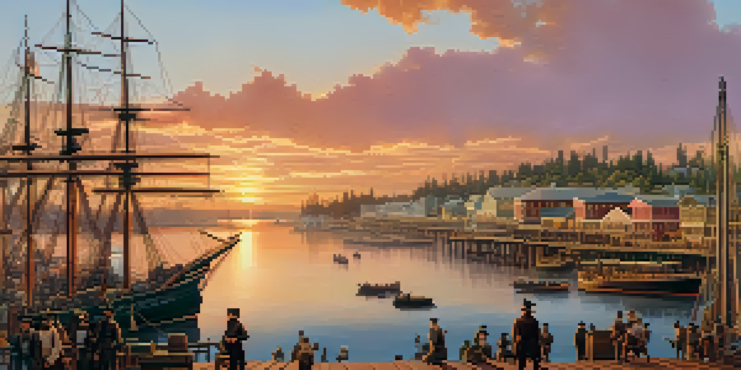 A historical scene depicting Redwood City during the Gold Rush, featuring ships at the waterfront and people in period clothing.