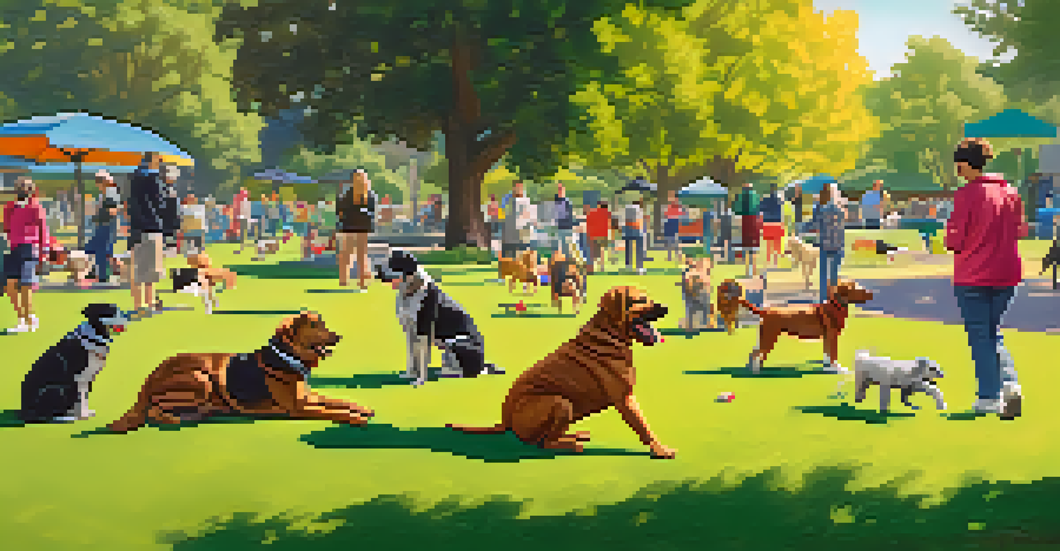 Dogs of different breeds playing in a lively dog park, with pet owners socializing on benches amidst green grass.
