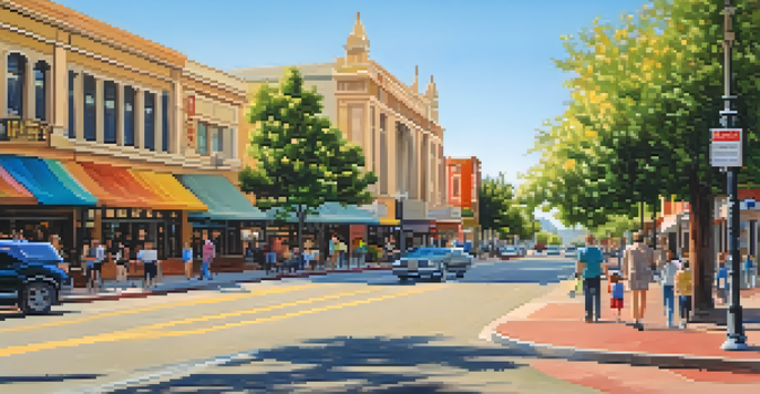 A lively downtown street in Redwood City with shops, cafes, and pedestrians.