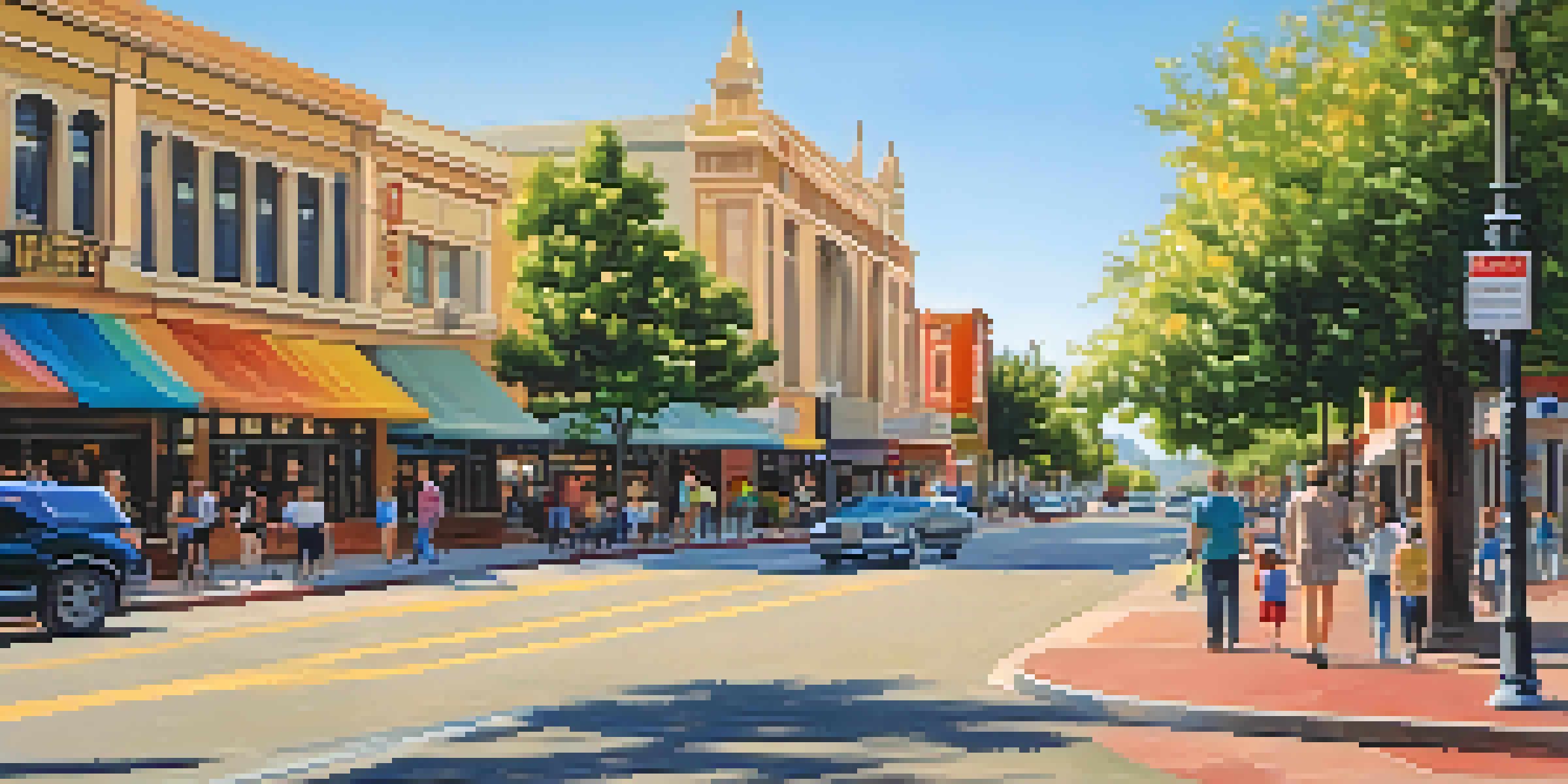 A lively downtown street in Redwood City with shops, cafes, and pedestrians.