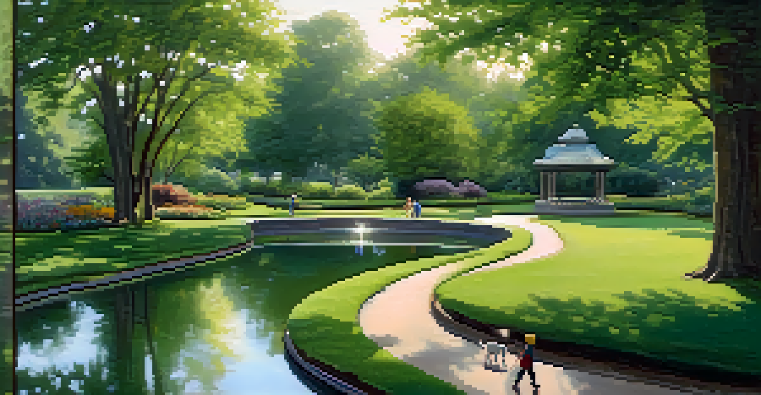 A peaceful park with a pond and walking paths surrounded by trees.