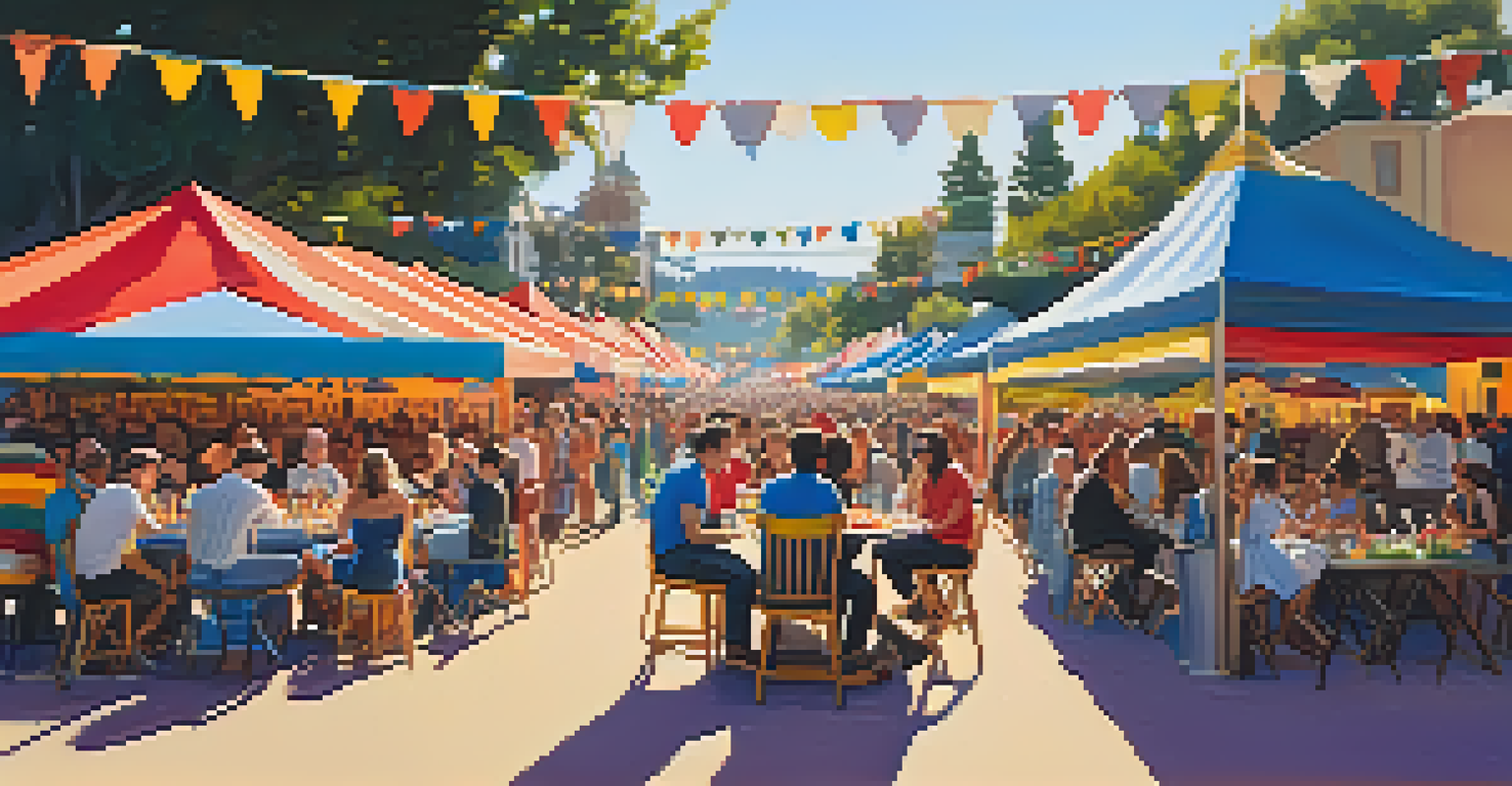 A bustling outdoor music festival with a diverse audience, colorful banners, and musicians performing on stage under clear blue skies.