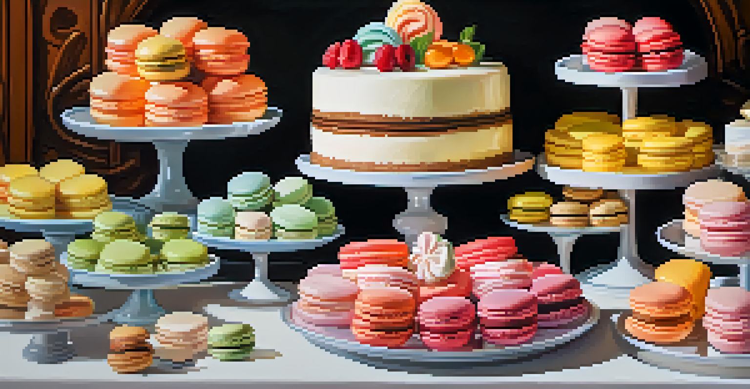 A close-up of a dessert table featuring a variety of colorful sweets including gelato, macarons, and halo-halo.