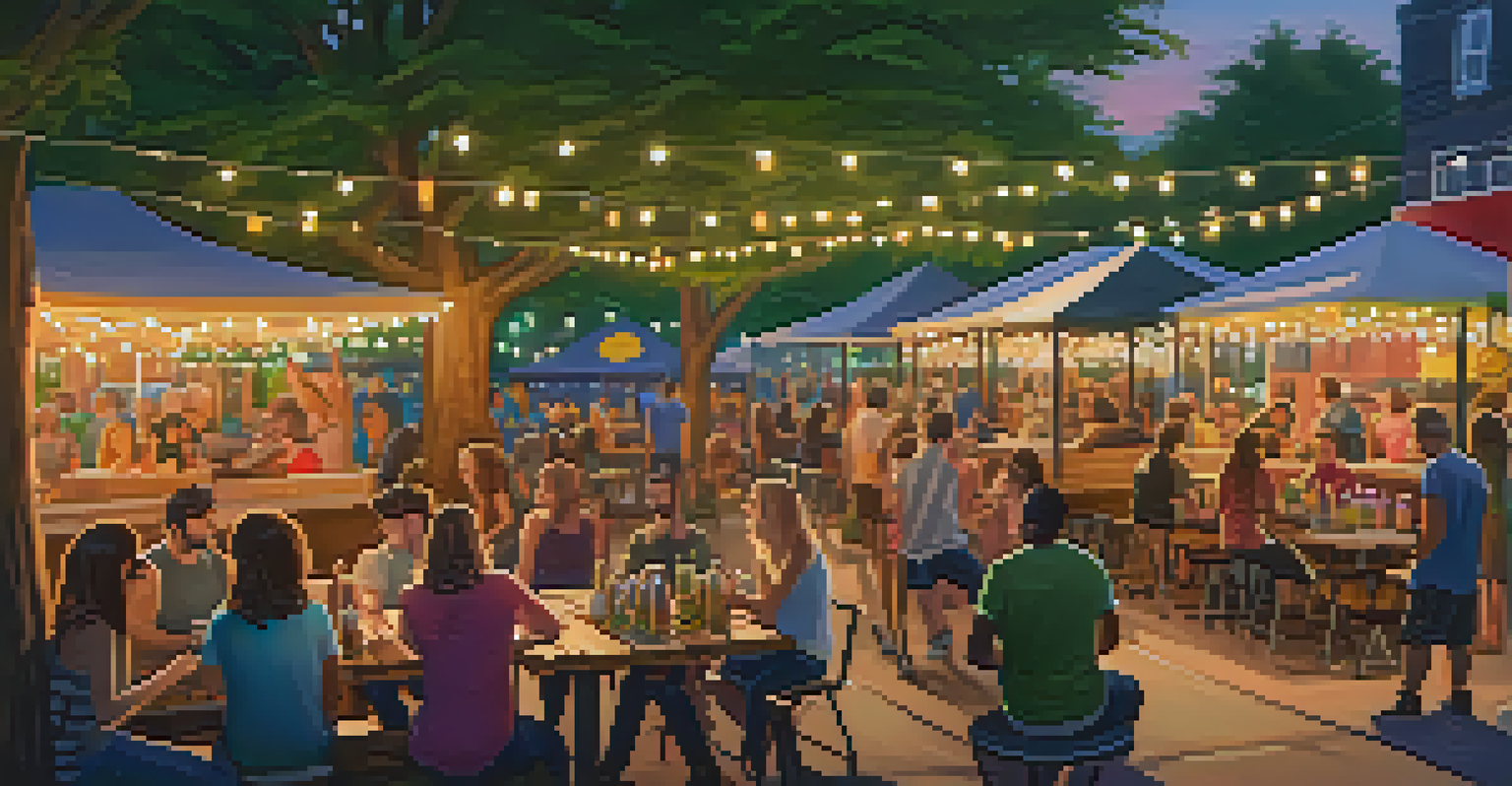 An outdoor beer garden with colorful picnic tables and string lights, where friends gather to enjoy craft beer and food from a nearby truck.