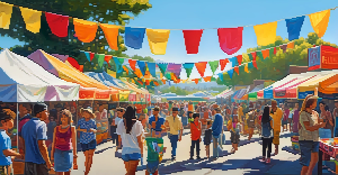 A lively community festival in Redwood City, with diverse groups of people enjoying food and music under colorful decorations.