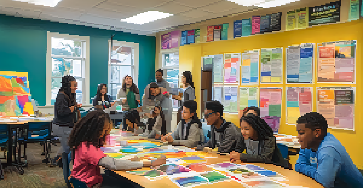 Young residents participating in a leadership workshop in Redwood City, discussing projects at a brightly decorated table with motivational posters in the background.