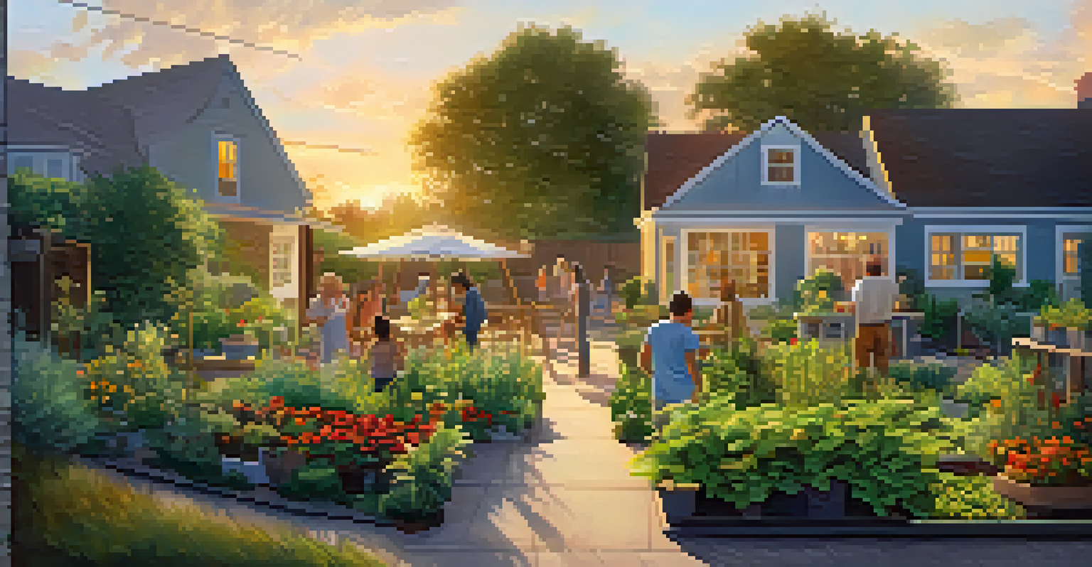 A peaceful community garden at sunset, with residents interacting and a child playing, highlighting the sense of community.