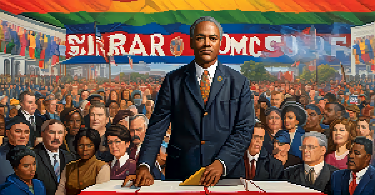Hiram Johnson advocating for social reforms with symbols of labor rights and women's suffrage in a colorful setting.