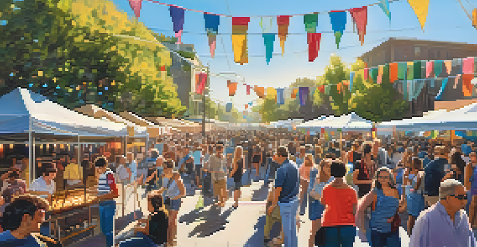 A lively street scene at a music festival in Redwood City, with people enjoying live performances under the sun.