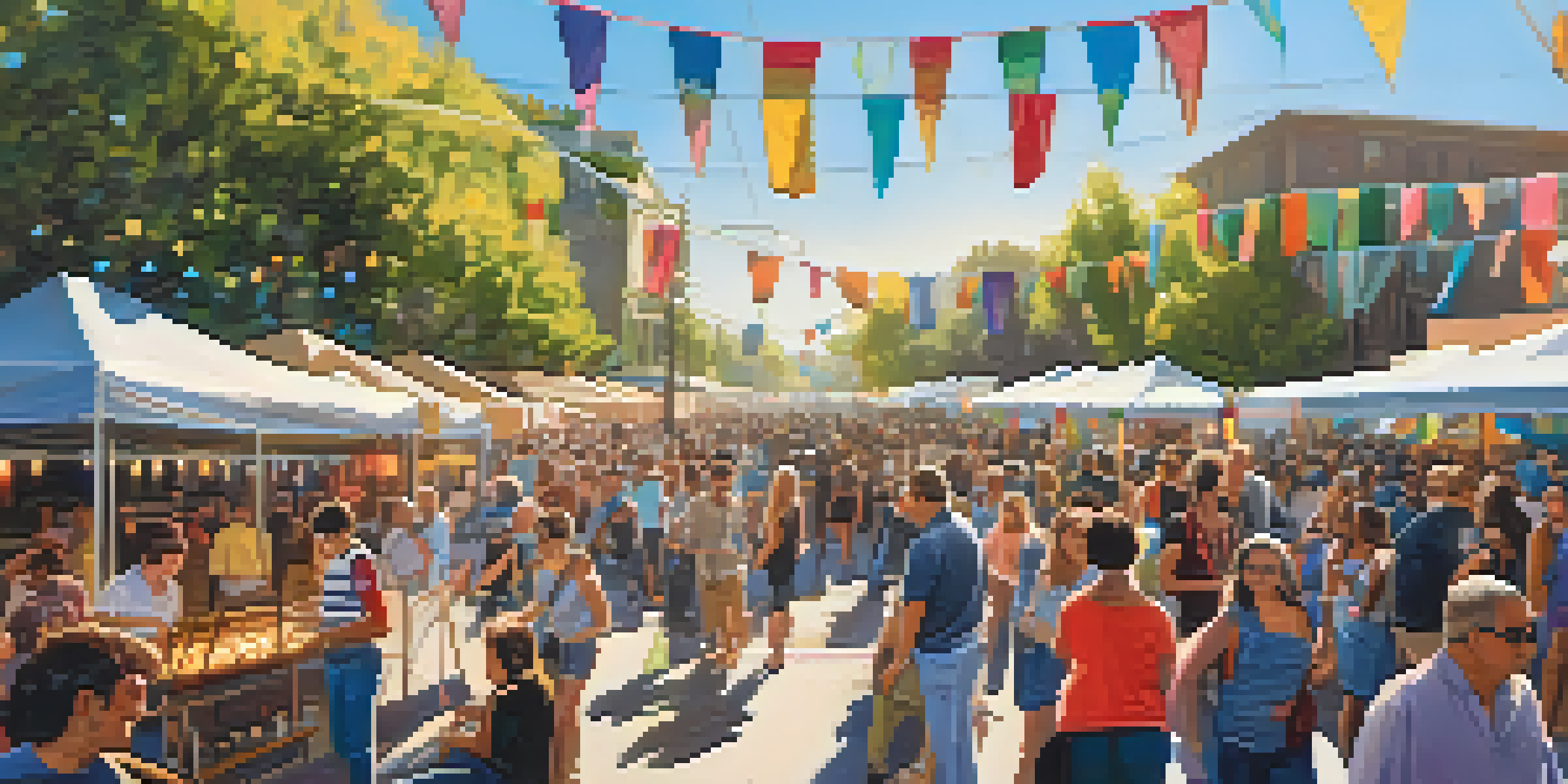 A lively street scene at a music festival in Redwood City, with people enjoying live performances under the sun.