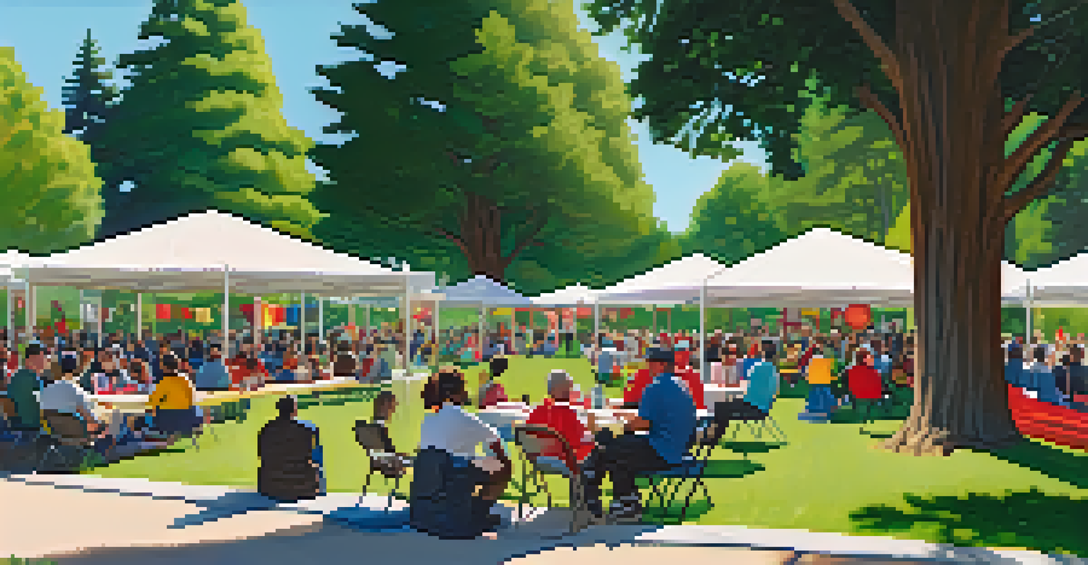 A community engagement event in a park in Redwood City, with residents participating in a town hall meeting surrounded by banners and booths.