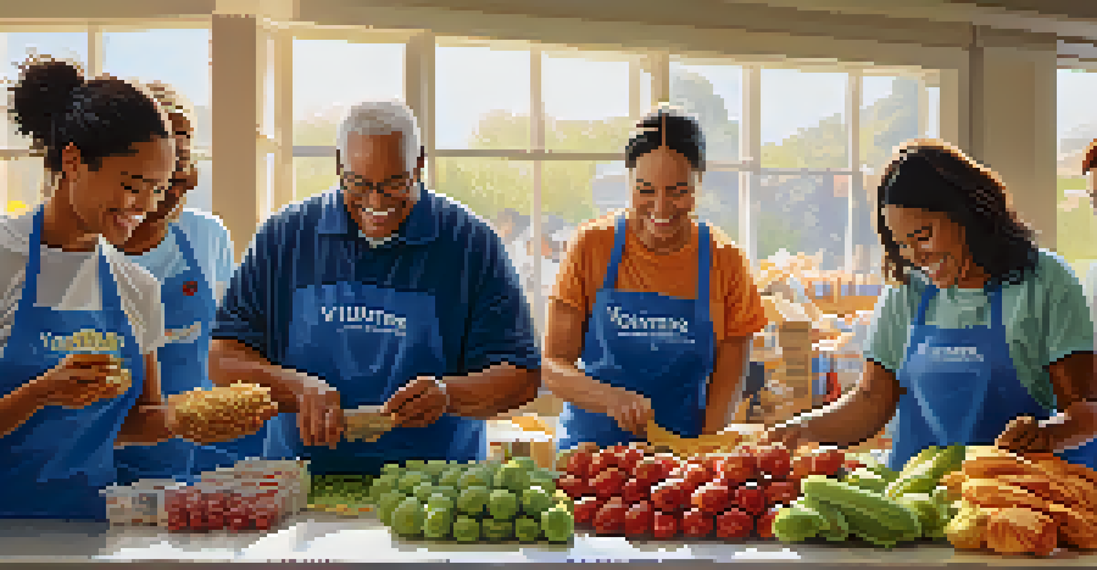 Volunteers at a food bank in Redwood City, sorting and packing food items with a sense of teamwork and community.