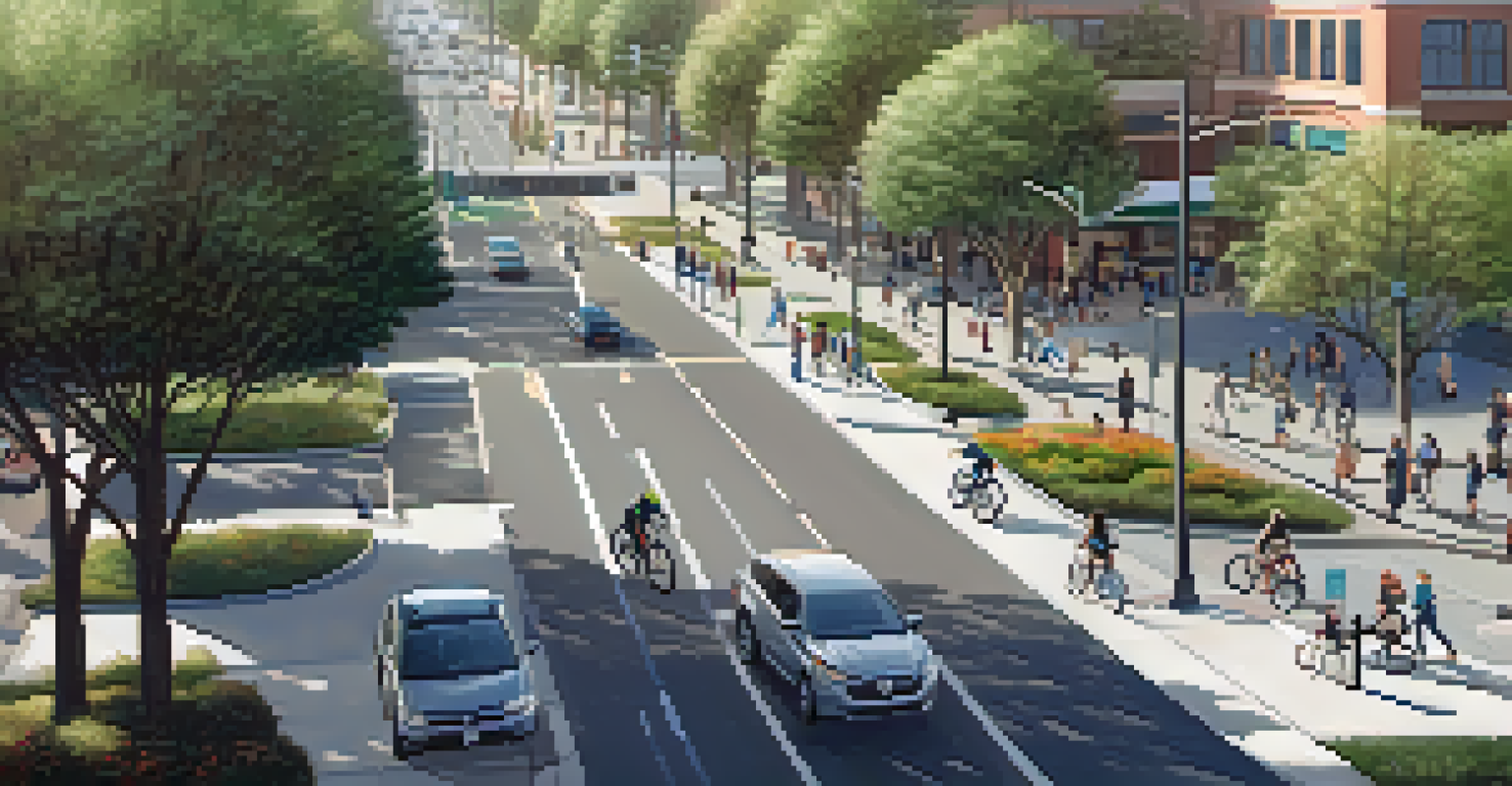 An aerial perspective of Redwood City Center highlighting pedestrian paths, bike lanes, and a vibrant transportation system.