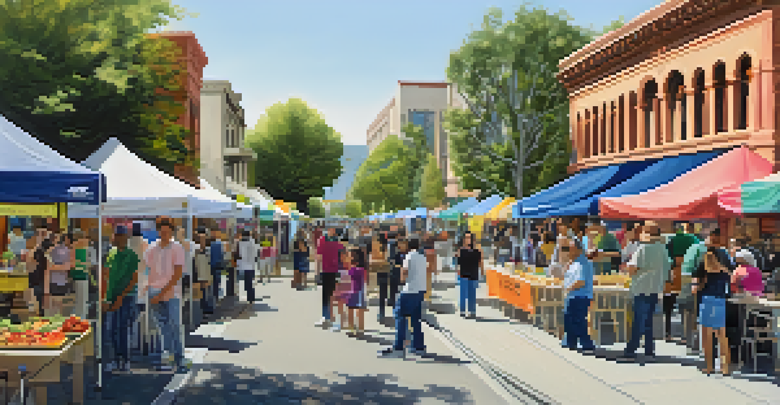 A lively street scene in Redwood City with residents involved in community planning events.