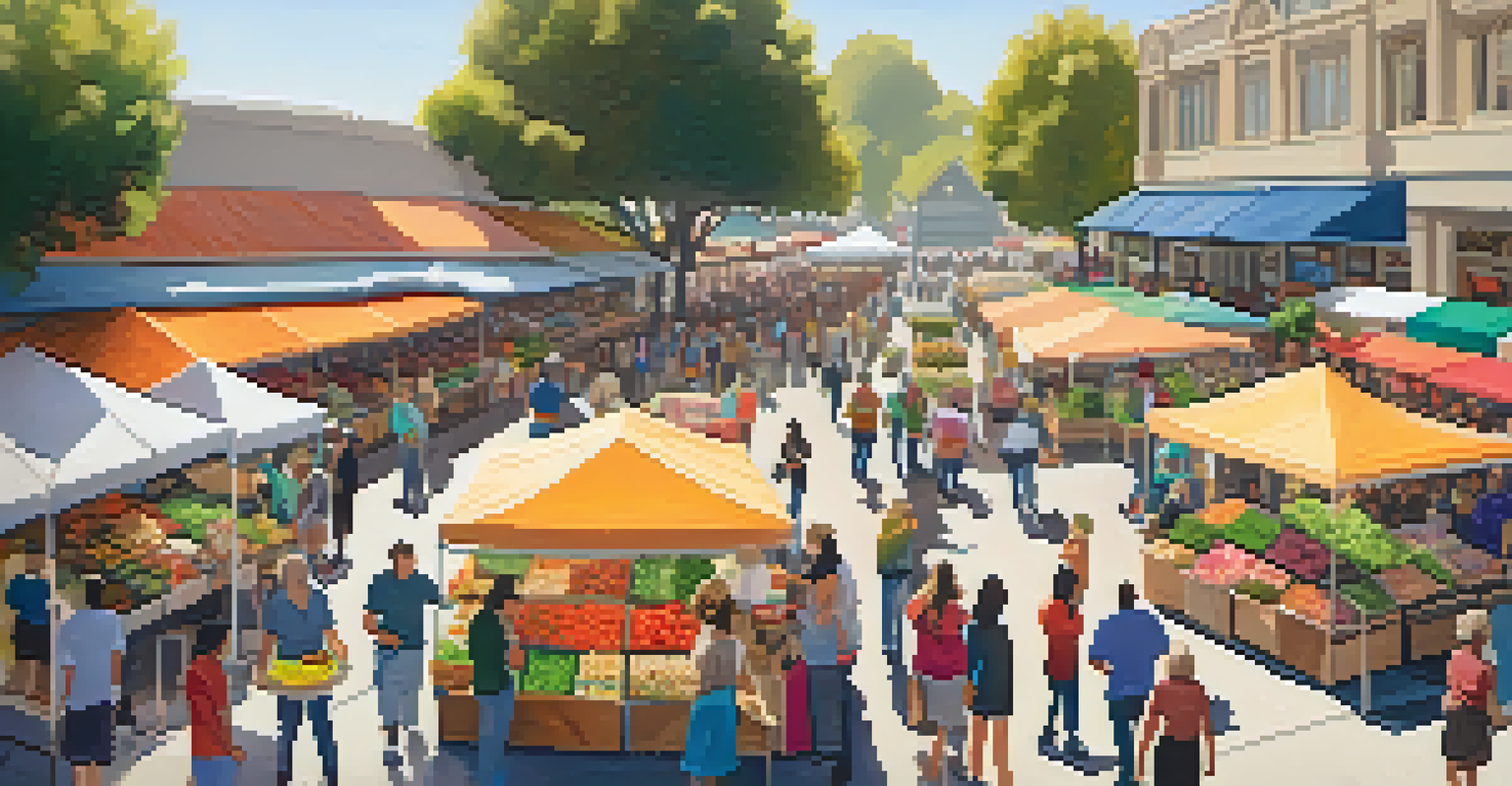 An aerial view of a busy Farmers Market in Redwood City, showcasing colorful stalls and a diverse crowd of shoppers.