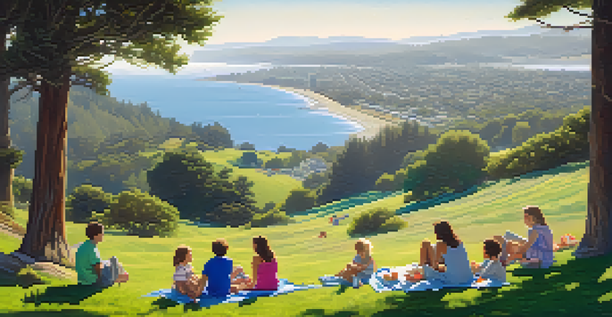 A summer park scene in Redwood City with people enjoying picnics and children playing under bright blue skies and rolling coastal fog.