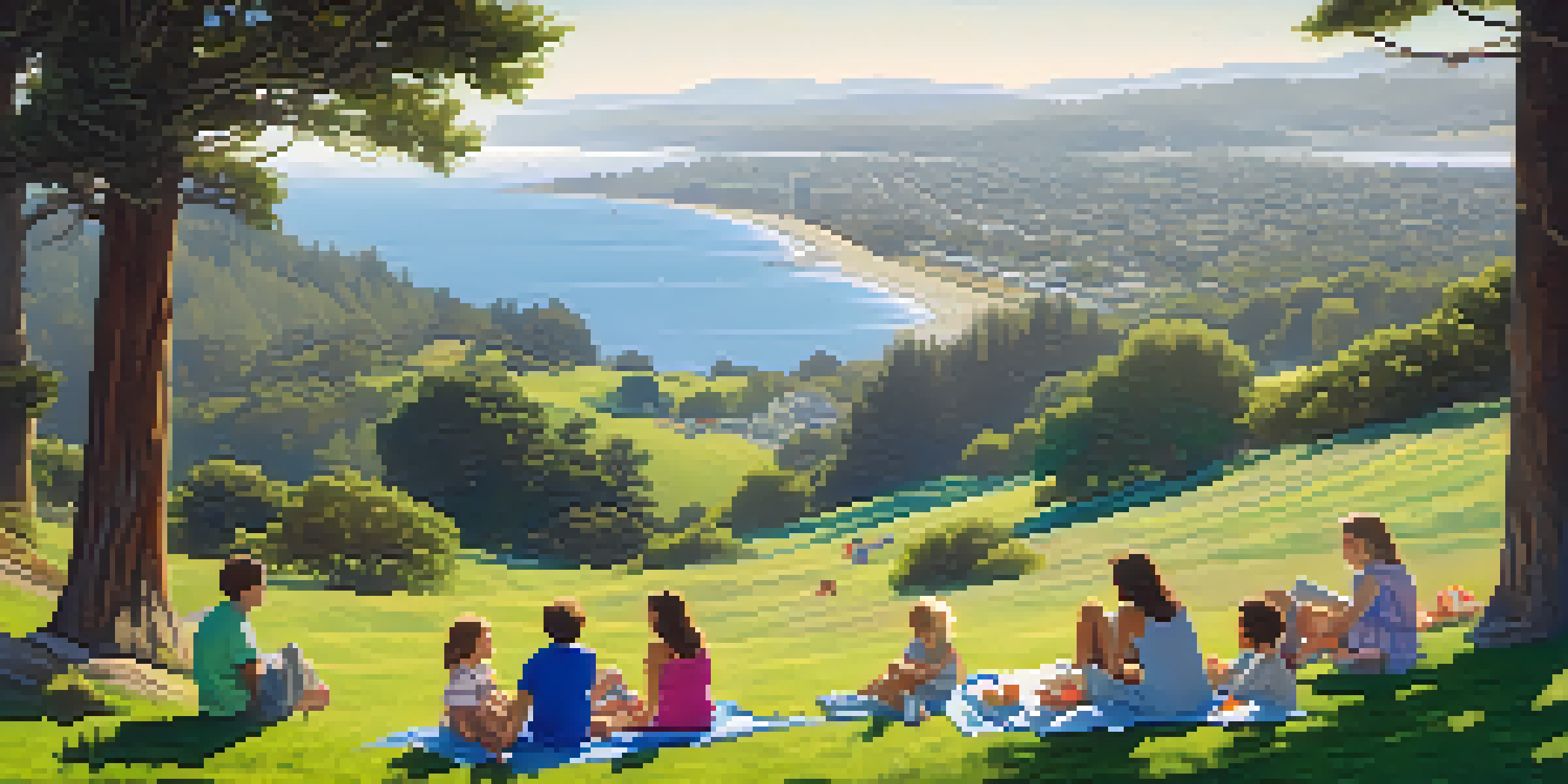A summer park scene in Redwood City with people enjoying picnics and children playing under bright blue skies and rolling coastal fog.