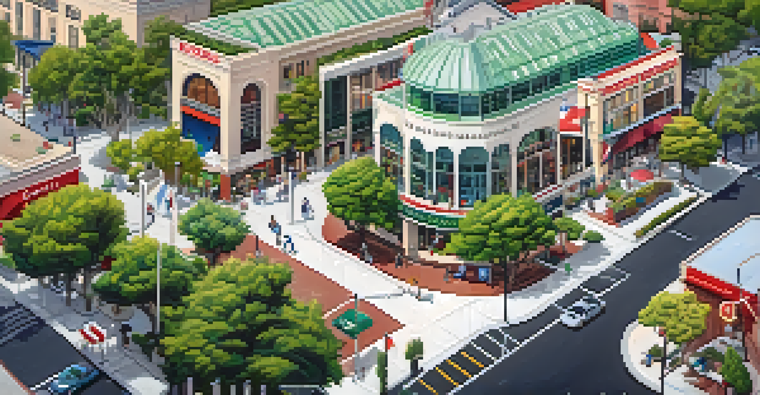 Aerial view of Redwood City highlighting its architecture and green spaces, adorned with flags representing different countries.