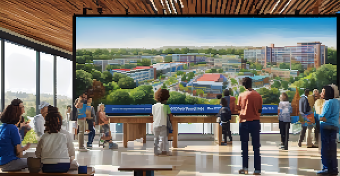 A diverse group of residents interacting with a large screen displaying Redwood City's official website in a well-lit community center.