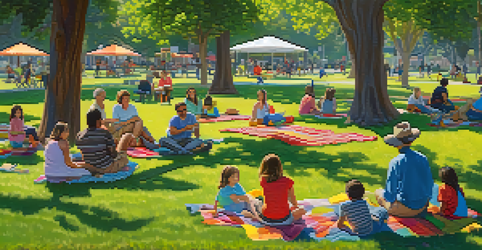 A lively community park scene in Redwood City with families enjoying a picnic, children playing, and blooming flowers.