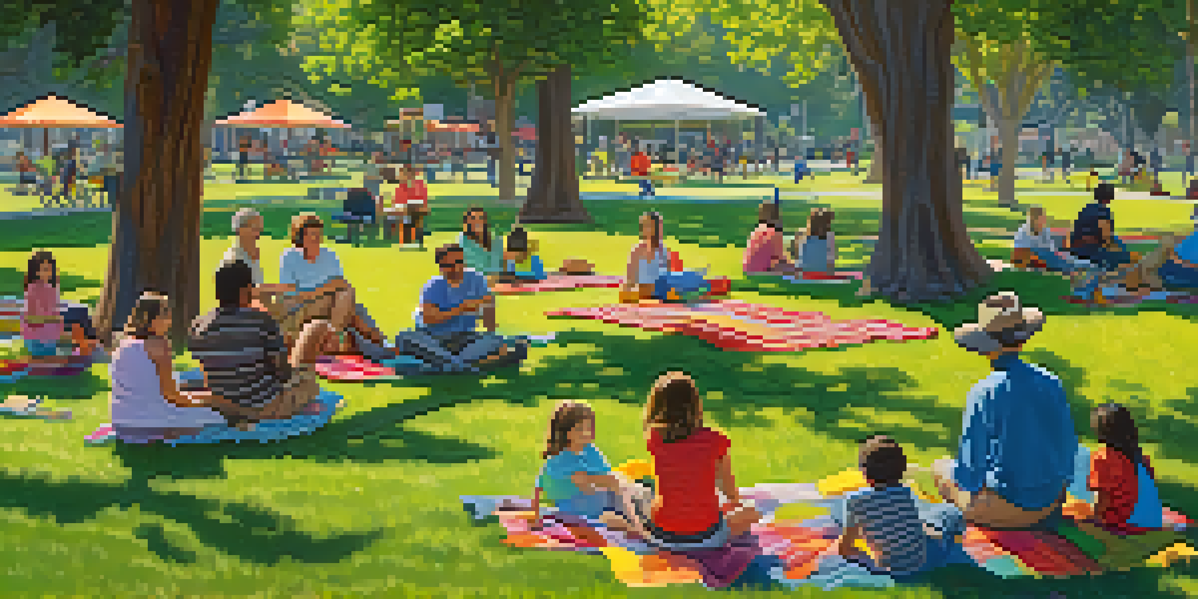 A lively community park scene in Redwood City with families enjoying a picnic, children playing, and blooming flowers.