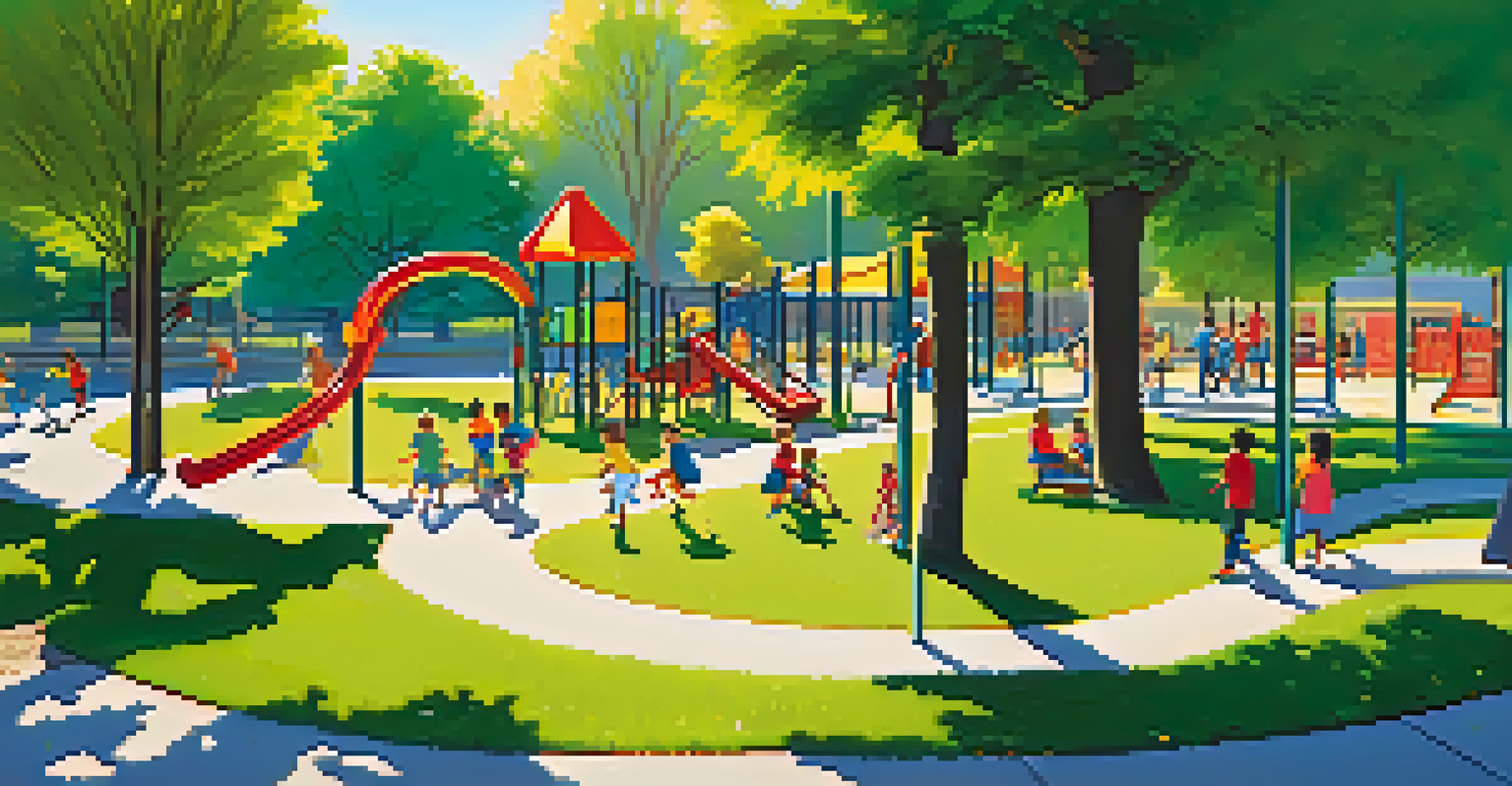 A lively playground at an elementary school with children playing, colorful equipment, and parents observing.