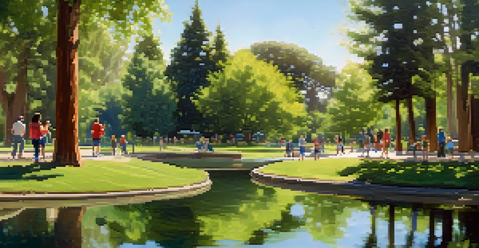 A peaceful park in Redwood City with families, walking trails, and a pond surrounded by trees.