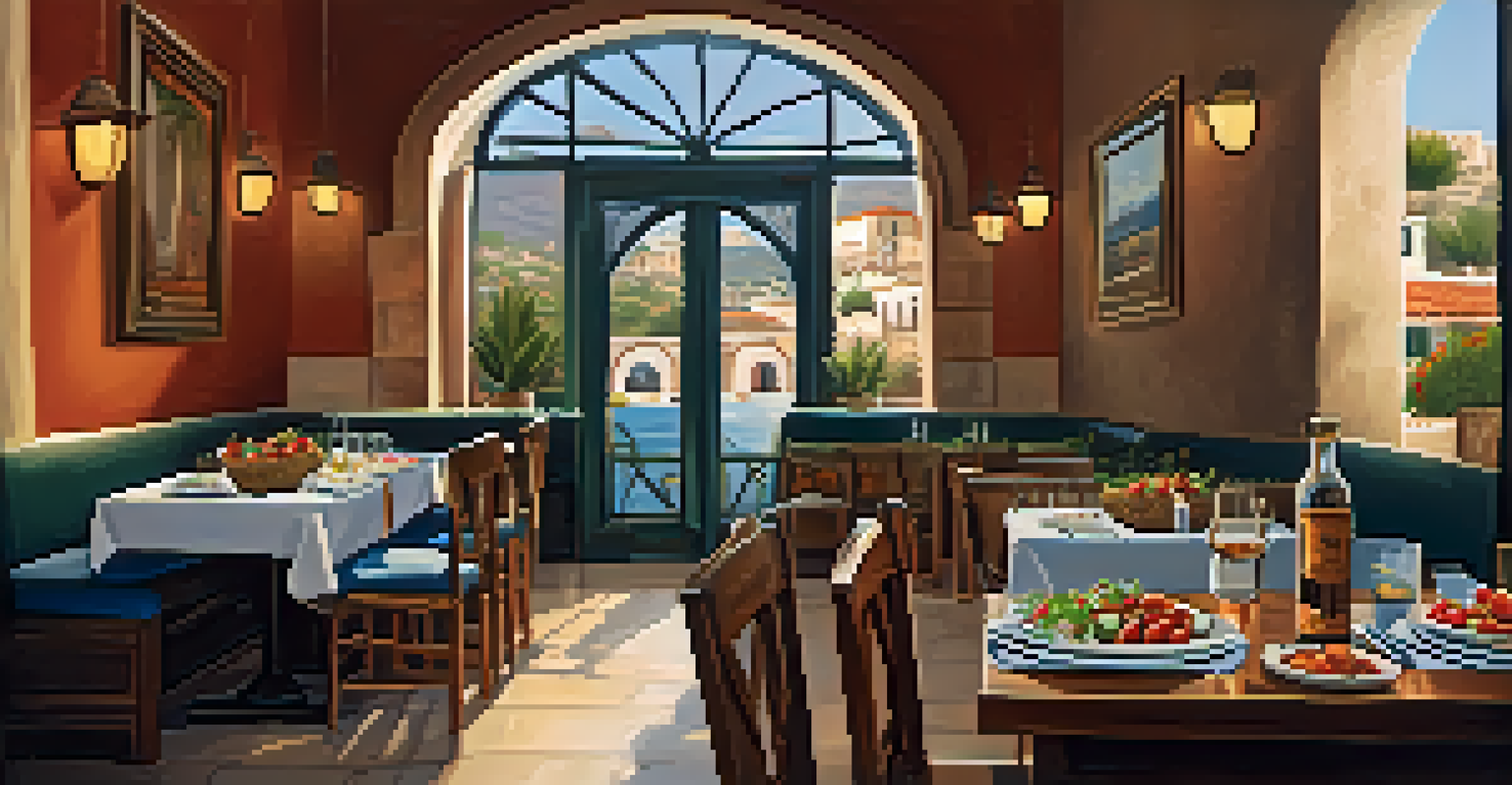 A cozy Mediterranean restaurant interior with a table set for dining, featuring fresh ingredients and a plate of Greek salad.