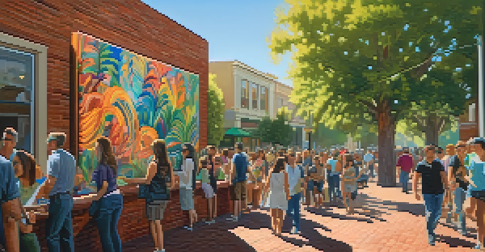 A colorful mural on a brick wall in downtown Redwood City, surrounded by green plants and people admiring the art under soft afternoon sunlight.