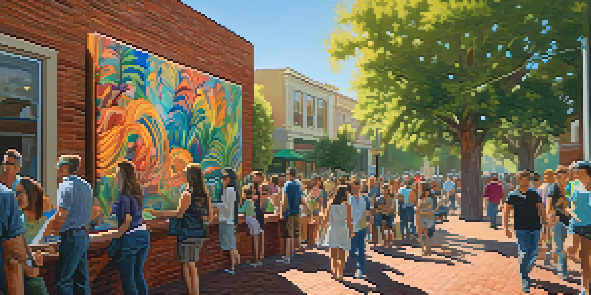 A colorful mural on a brick wall in downtown Redwood City, surrounded by green plants and people admiring the art under soft afternoon sunlight.