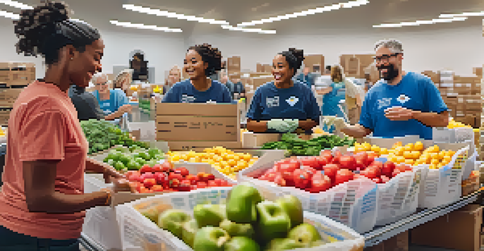 A diverse group of volunteers happily sorting food at a food bank, surrounded by colorful boxes and fresh produce.