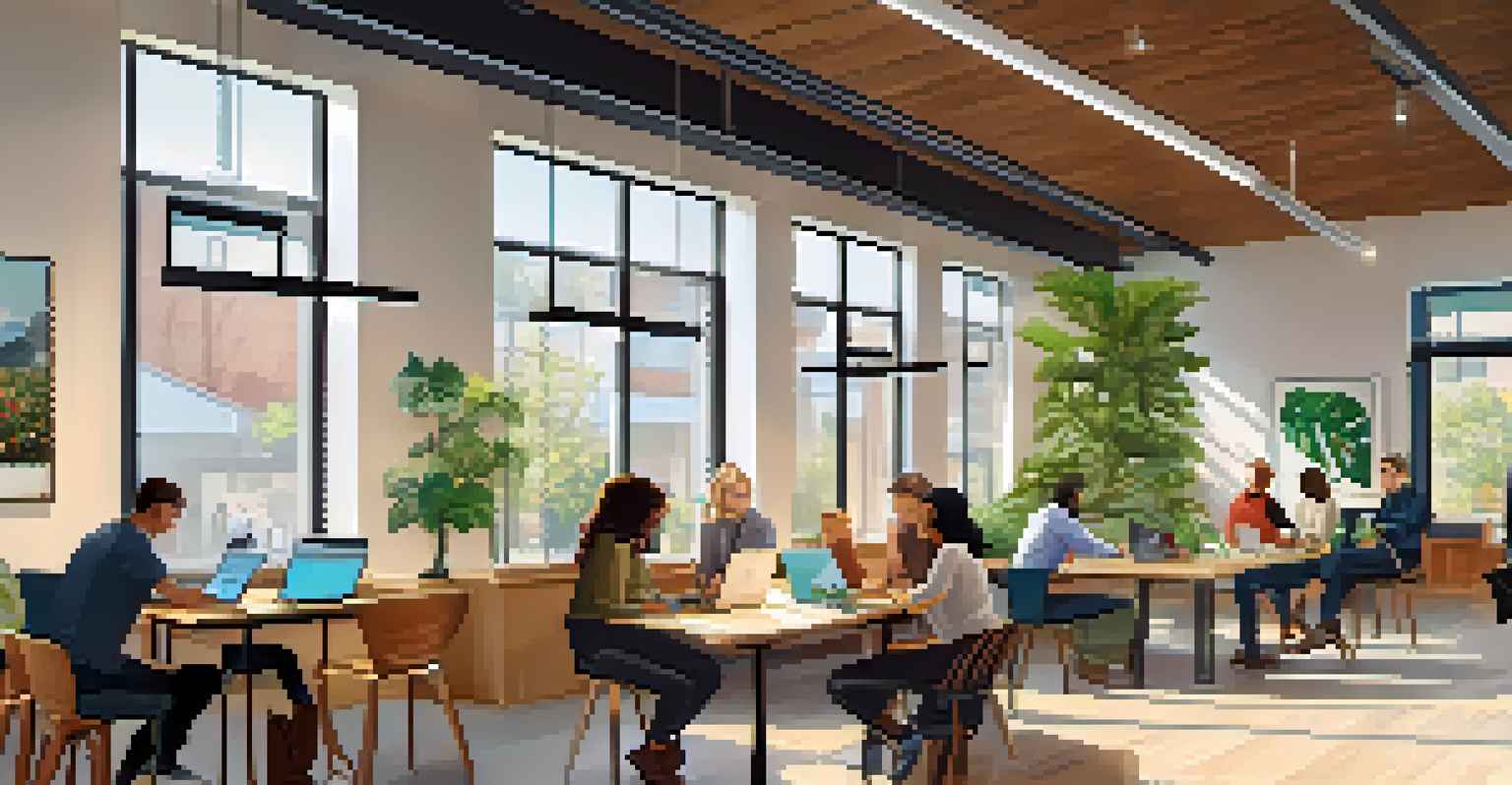 A modern coworking space in Redwood City with diverse individuals working together, bright artwork, and ample natural light.