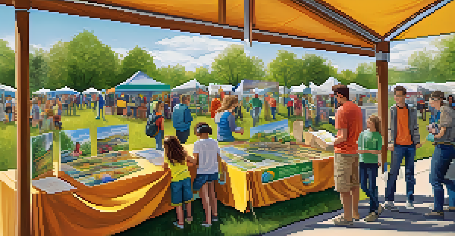 A community sustainability fair with families engaging with student projects, bright banners, and a lively atmosphere.