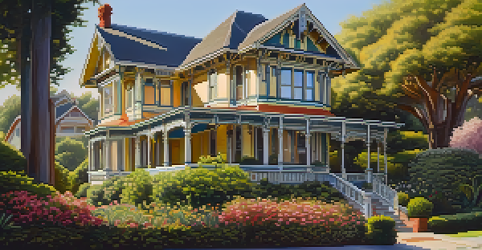 A historic Victorian house with intricate details, surrounded by a lush garden and bathed in golden sunlight.
