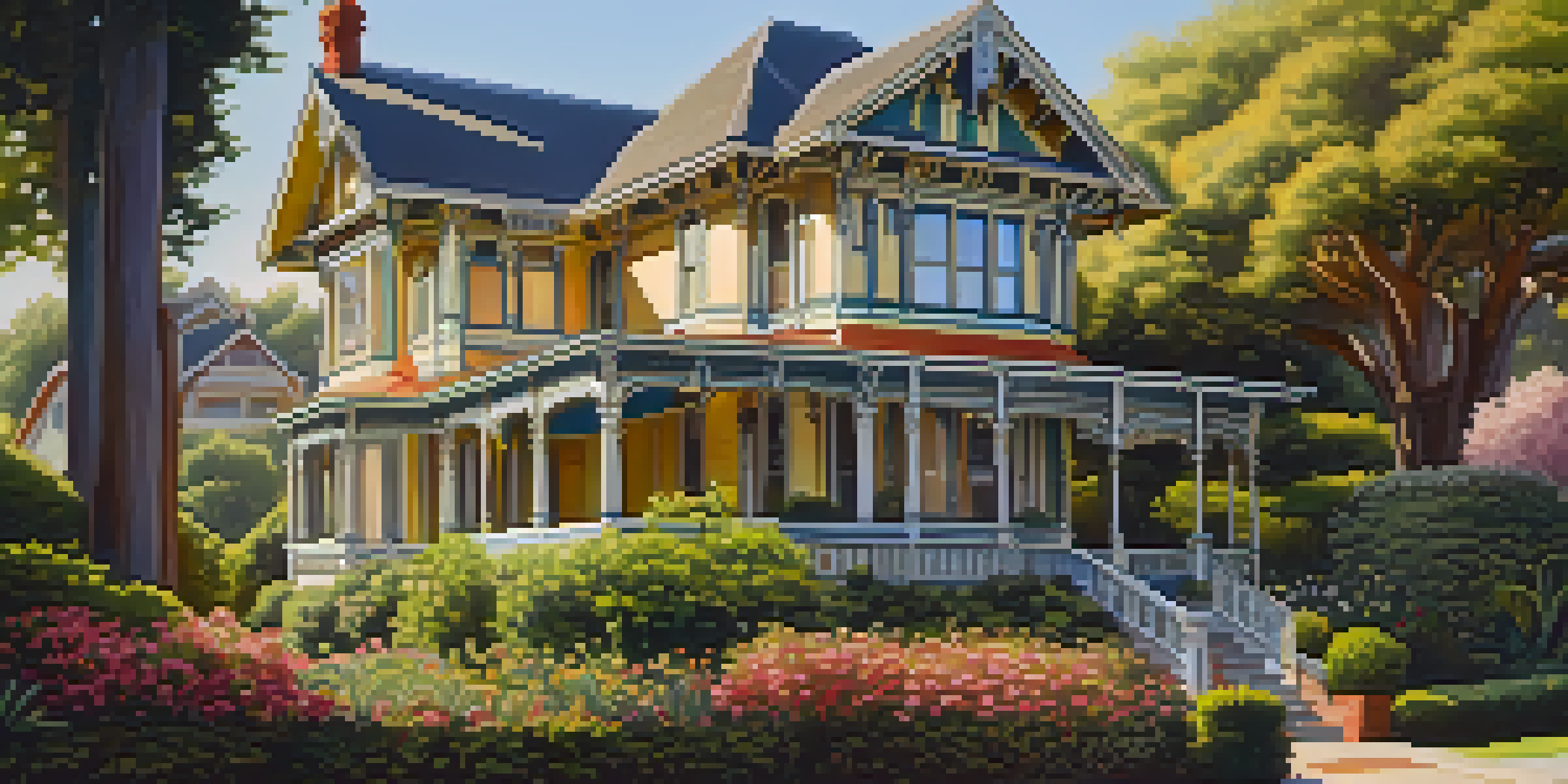 A historic Victorian house with intricate details, surrounded by a lush garden and bathed in golden sunlight.