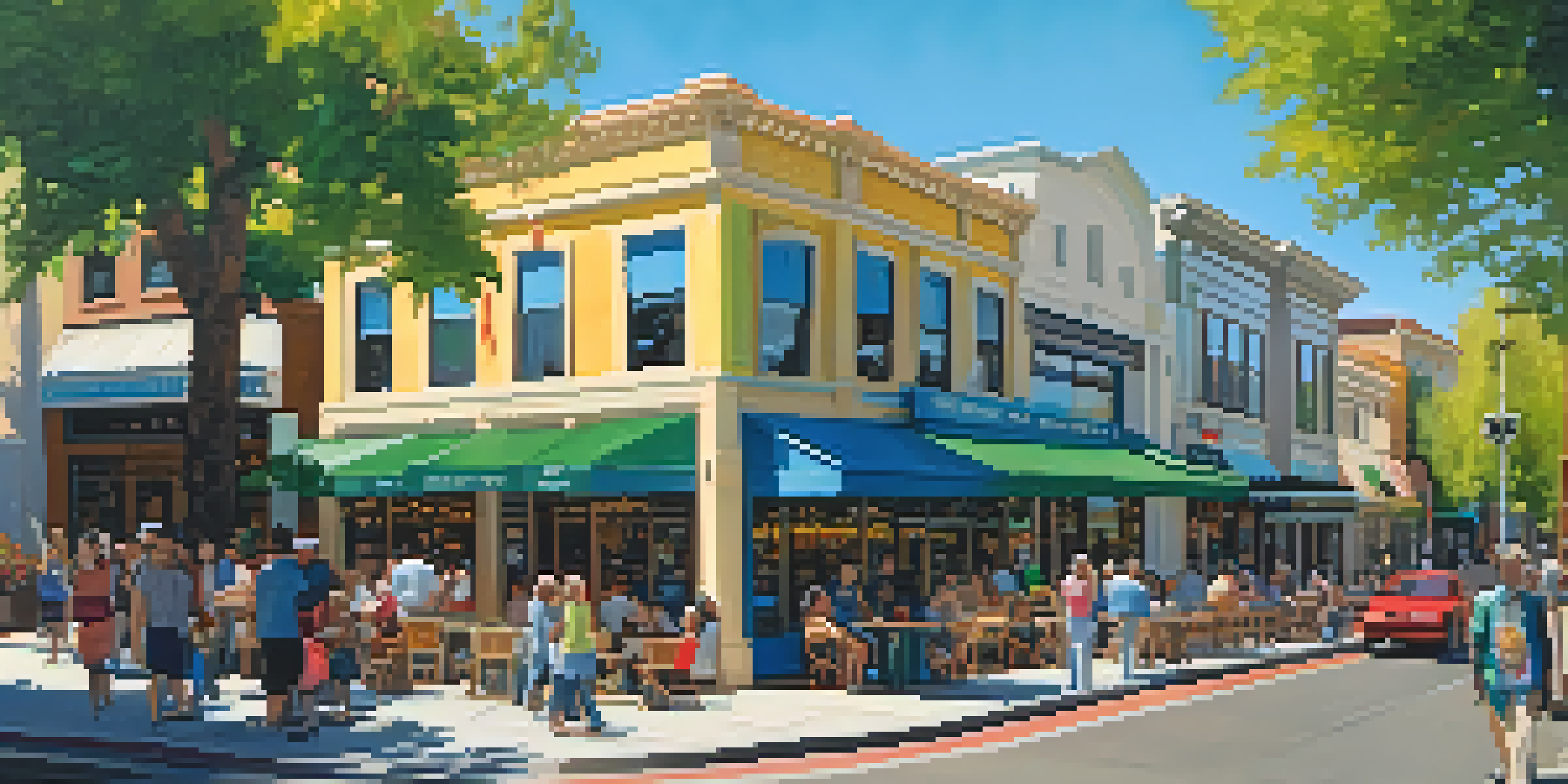 A lively downtown area with modern buildings and people dining outdoors under a clear blue sky.
