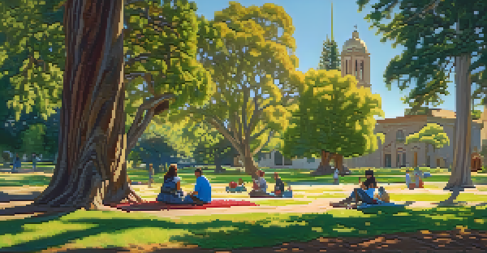 A family having a picnic in a park with native plants, historical mission-style buildings in the background, and sunlight filtering through the trees.