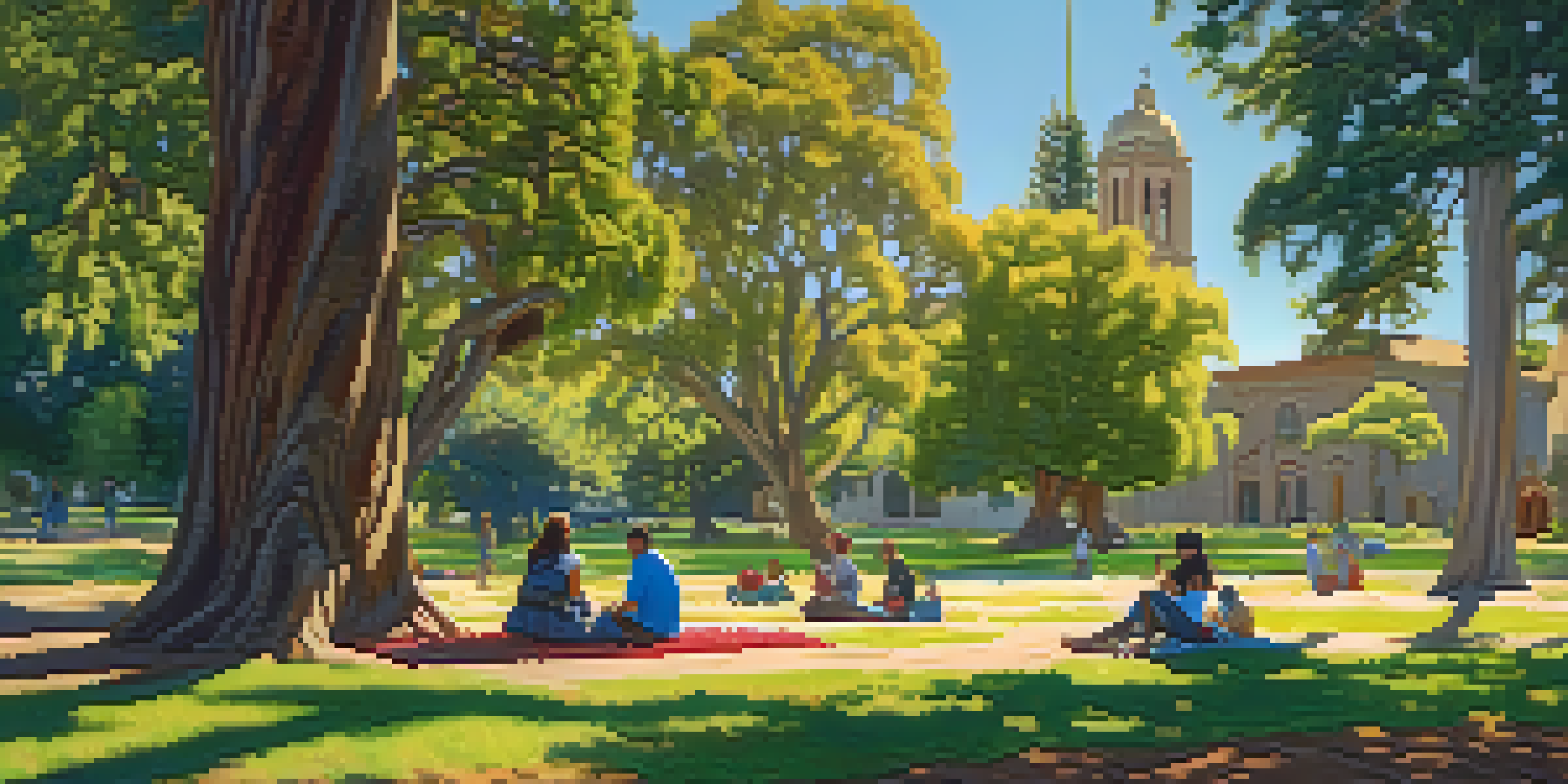 A family having a picnic in a park with native plants, historical mission-style buildings in the background, and sunlight filtering through the trees.