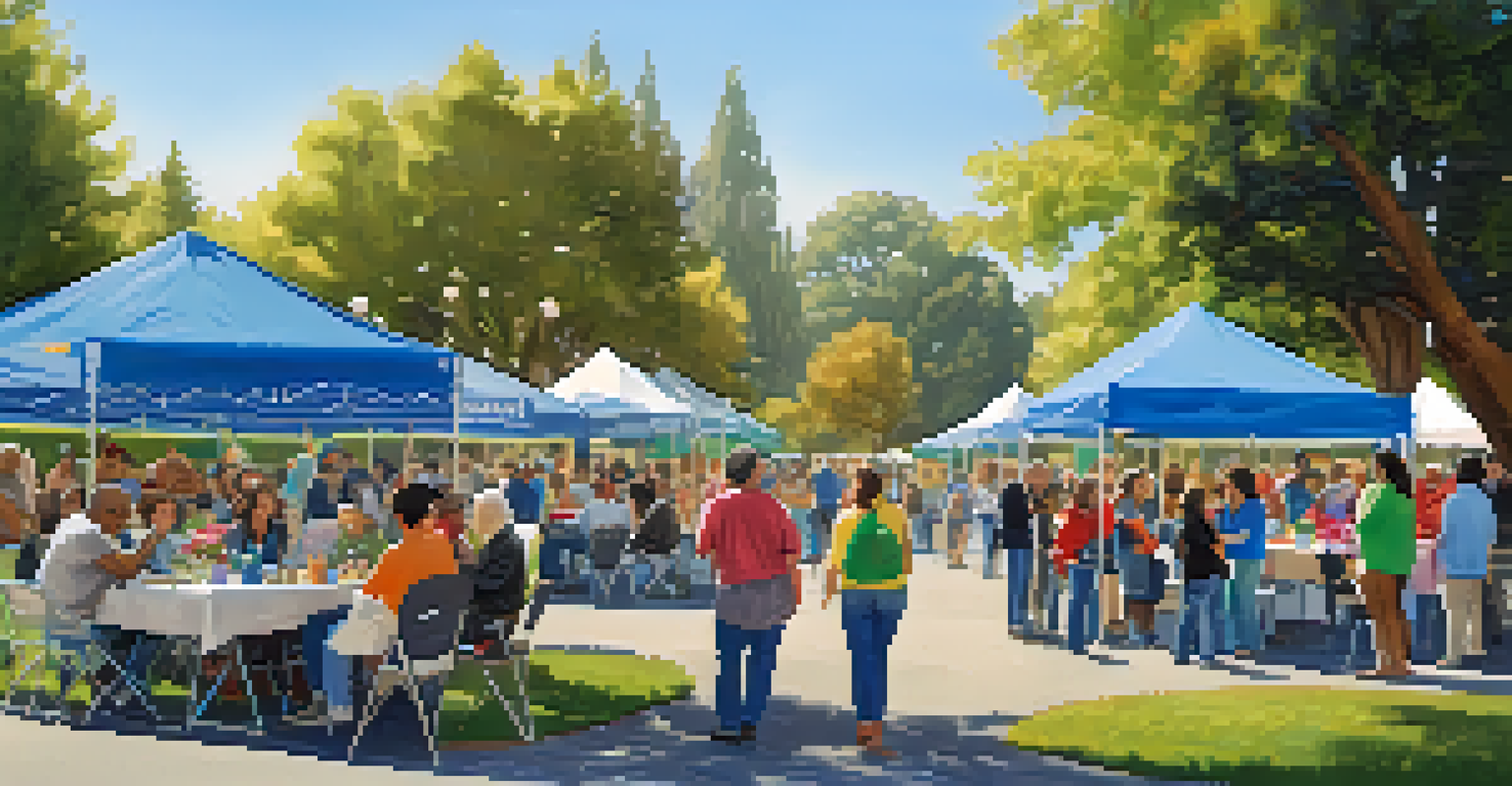 Residents of Redwood City engaging in a community event at a park, surrounded by informative booths and cheerful activities.