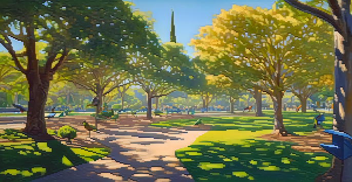 A peaceful park scene filled with lush trees and colorful birds under a blue sky, illuminated by golden sunlight.