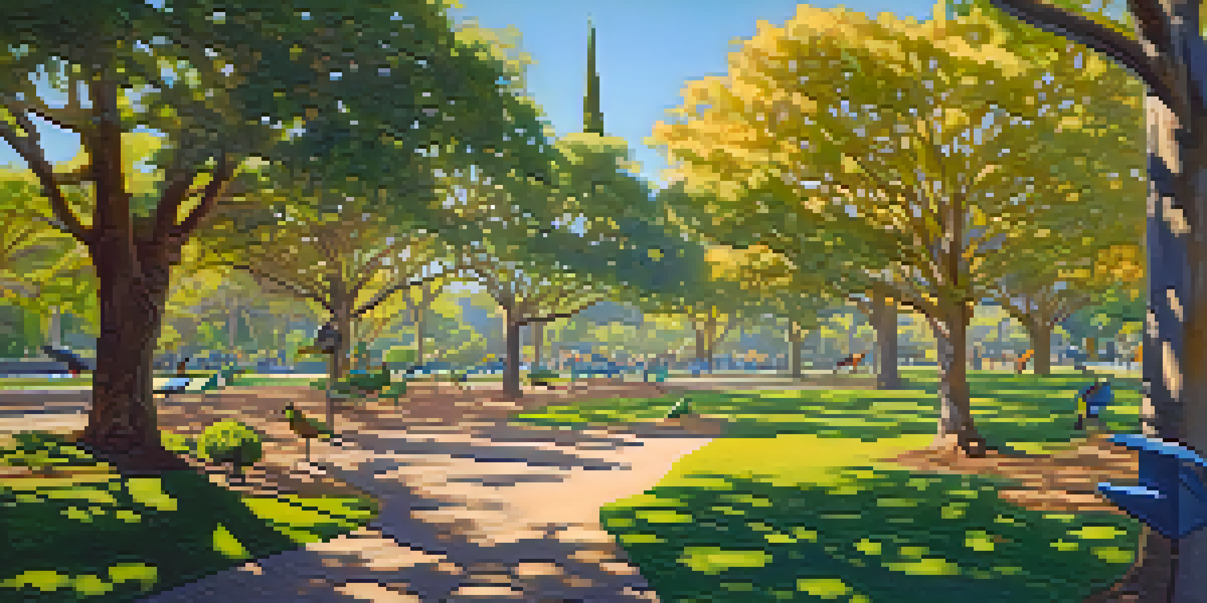 A peaceful park scene filled with lush trees and colorful birds under a blue sky, illuminated by golden sunlight.