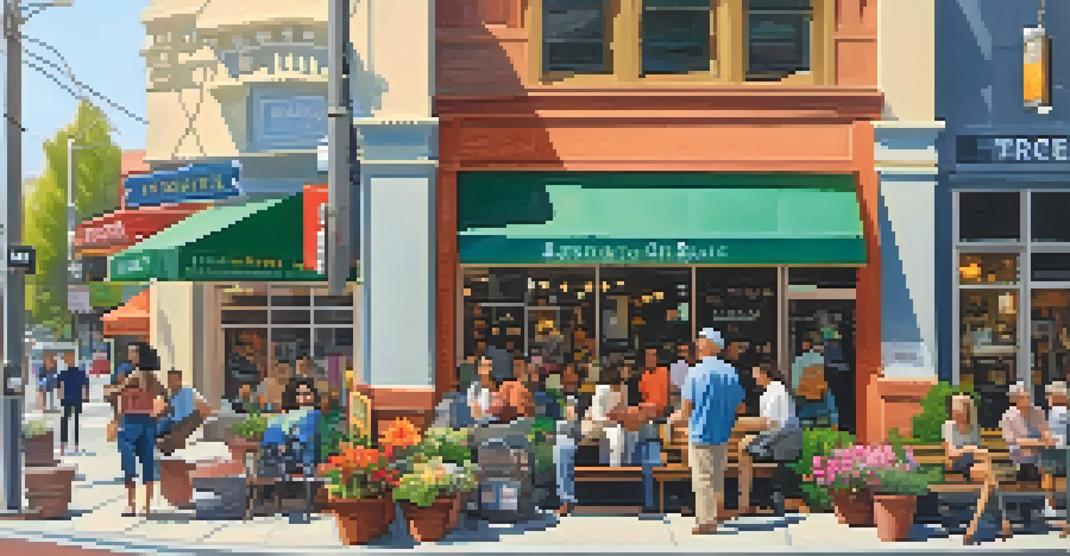 A lively street in Redwood City showcasing local businesses and people, with signs promoting housing initiatives and vibrant flowers.