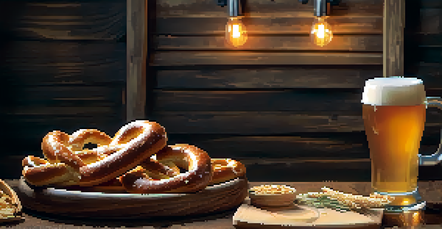 A cozy setting with pretzels and pale ale, showcasing warm lighting and rustic decor.