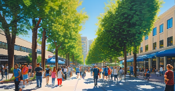 A busy street in Redwood City filled with diverse people interacting in front of contemporary tech buildings and green trees under a clear blue sky.