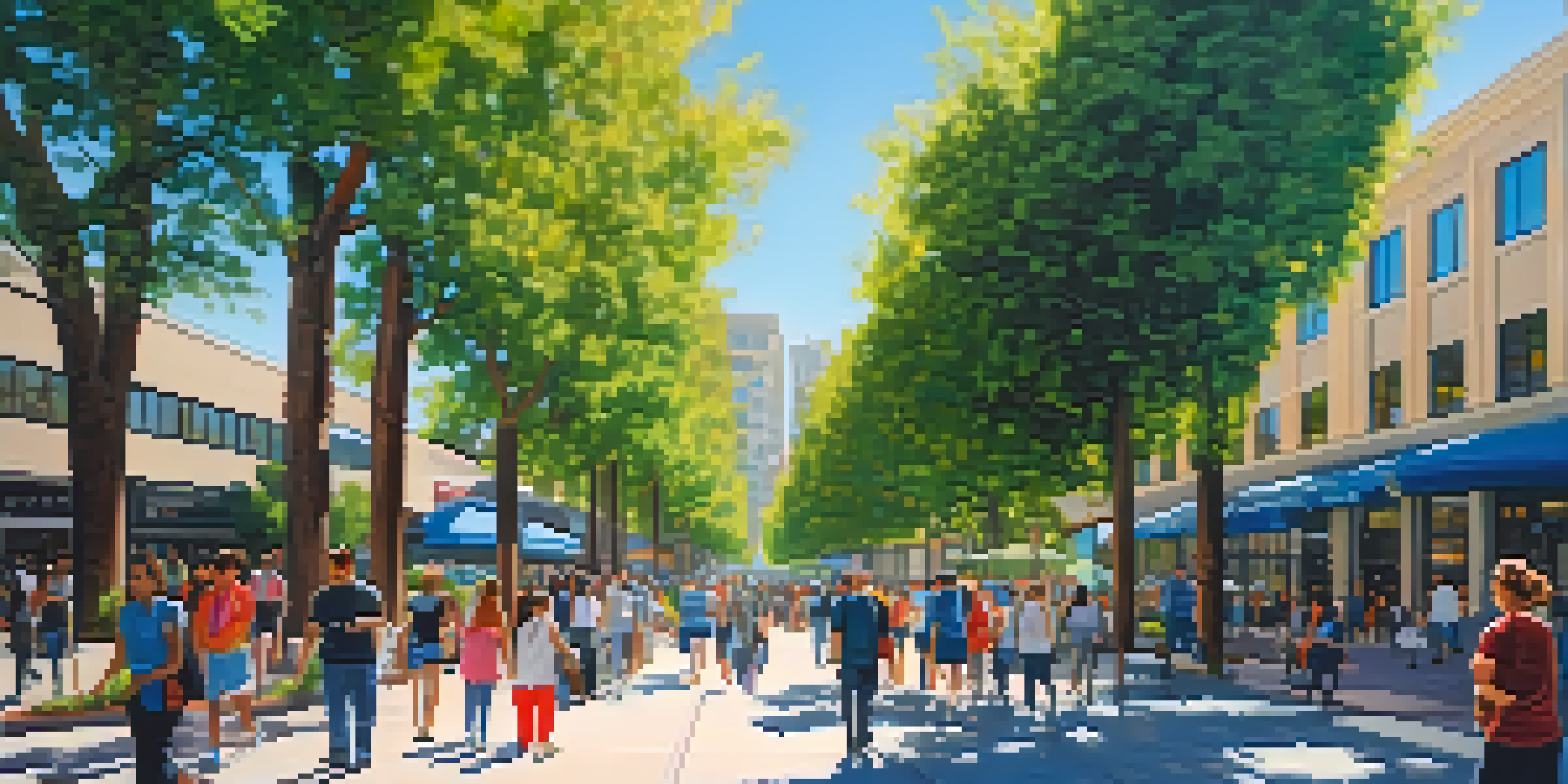 A busy street in Redwood City filled with diverse people interacting in front of contemporary tech buildings and green trees under a clear blue sky.